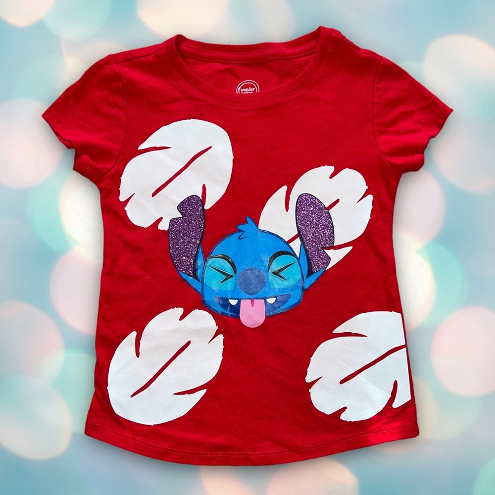 Disney Stitch Girl’s Red Glitter Short Sleeve Tee Shirt Top Size XS 4/5